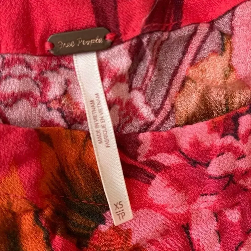 Free People This Sweet Love Top XS Floral Side Tie Scarf Tank Pink Red Boho
